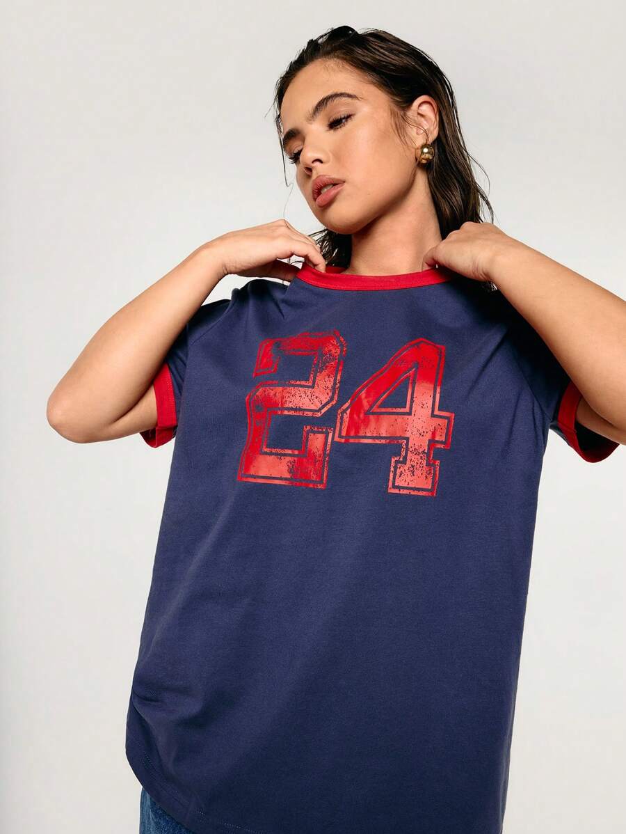 Athîral 女士数字印花圆领短袖休闲 T 恤