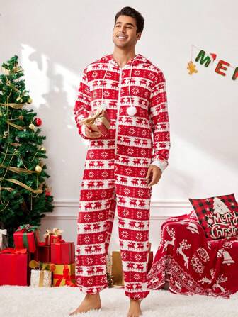 CoupledUp Christmas Element Print Fleece Hooded Men Jumpsuit, Autumn/Winter, Fluffy