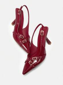 CUCCOO BIZCHIC Women's Pointed Toe PU Leather Buckle Accent Sexy Fashion Flats, Black Valentine Day - Burgundy - View 9