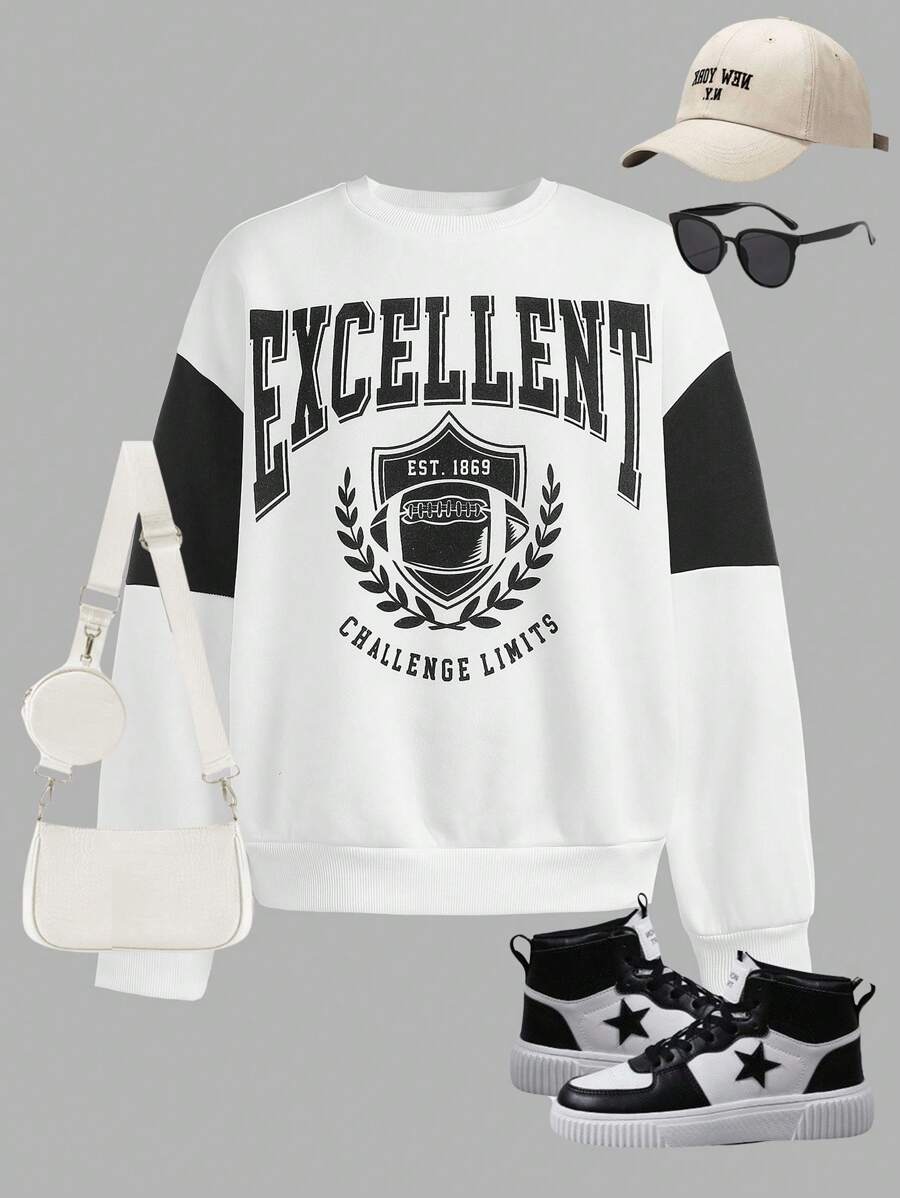 SHEIN Teen Girl Preppy, Back To School, Football, Sports, Fall Season Colorblock Letter Print Sweatshirt - White - View 1