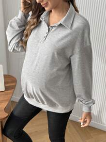 SHEIN Maternity Plain Front Button Long Sleeve Casual Sweatshirt, For Winter