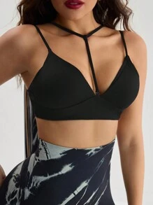 Menodora SHEIN Sport 女士黑色舒适性感日常健身运动胸罩，适合钢管舞 - 黑色 - 查看 1