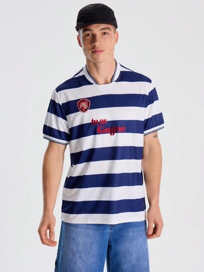 Musero Camiseta deportiva de manga corta con paneles de contraste a rayas, detalles de estampado gráfico, esencial para primavera y verano