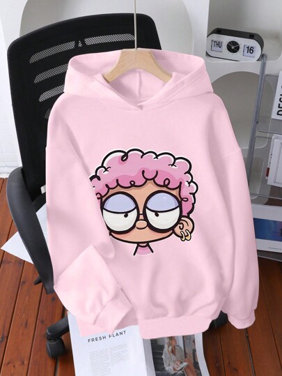 Teen Girls Casual Chic Pink Cartoon Girl Sweatshirt