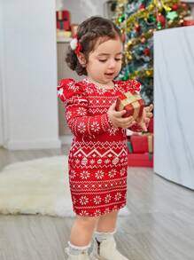 SHEIN Đầm cổ tròn tay dài họa tiết tuần lộc cho bé gái và mẹ, thích hợp cho tiệc Giáng sinh - Đỏ - Xem 4
