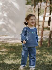 SHEIN 2 件套女婴牛仔刺绣上衣和阔腿裤套装 - 藍色 - 查看 4