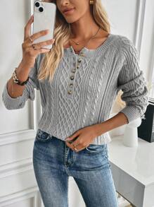SHEIN LUNE Casual Buttoned Embroidery Decor Comfortable Women Solid Color Pullover Sweater Knit Pullover Fall Winter Outfit