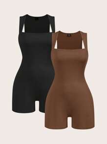 SHEIN BASICS 2 件套休闲纯色针织修身连体裤无袖女款 - 棕色 - 查看 1