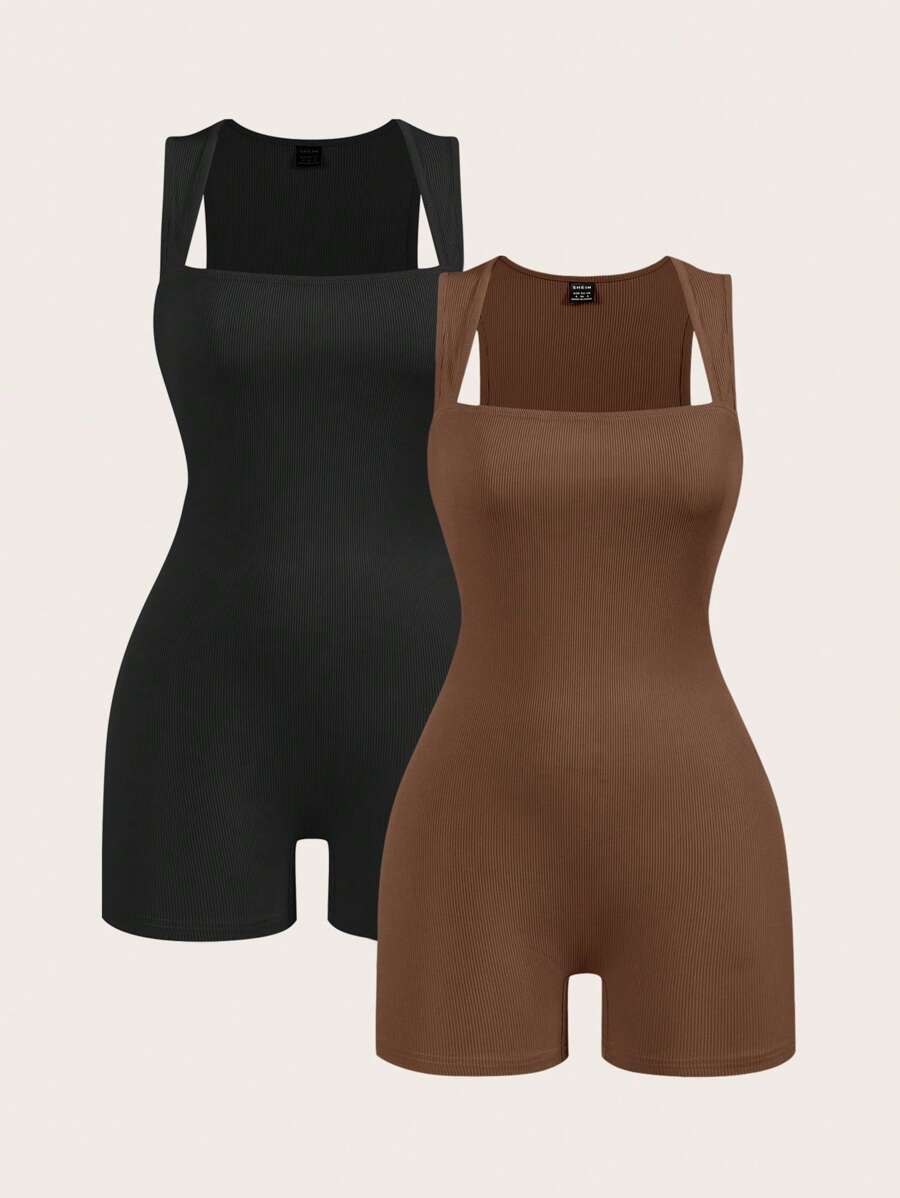 SHEIN BASICS 2 件套休闲纯色针织修身连体裤无袖女款 - 棕色 - 查看 1