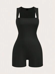 SHEIN BASICS 2 件套休闲纯色针织修身连体裤无袖女款 - 棕色 - 查看 5