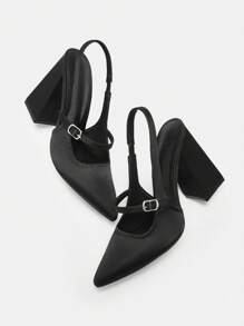 CUCCOO BIZCHIC Women's Basic Simple Black Pointed Toe Chunky Heel Strap Pumps Spring Shoes Spring Break Easter - Black - View 9