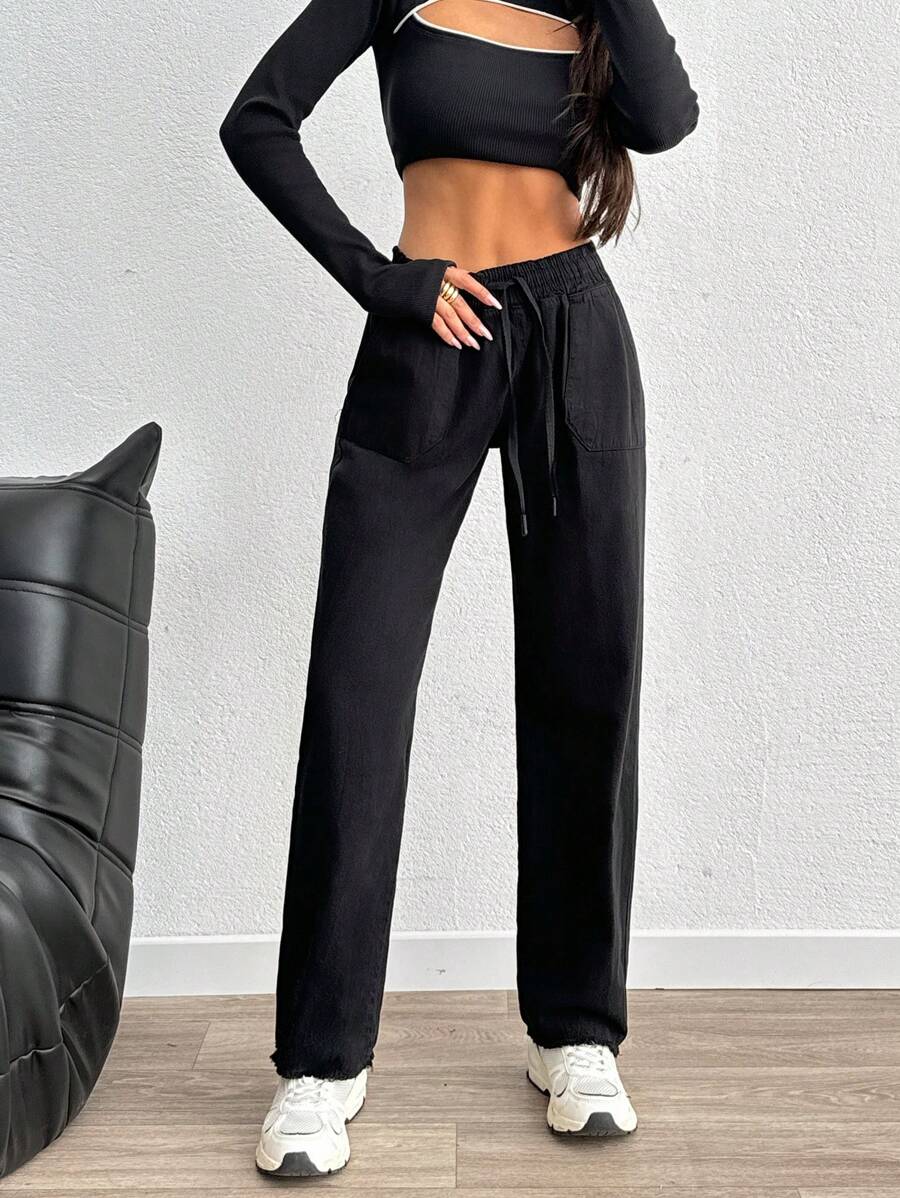 RueChic High Waist Elastic Belt Straight Cut - Black - View 1