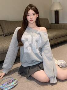 DAZY Women's Oblique Shoulder Long Sleeve Numeric Print Minimalist Sweatshirt, Casual For Daily Wear,Fall Clothes - Grey - View 7