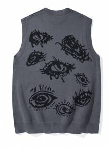 Manfinity EZcore 大码男士休闲街头眼镜图案宽松针织毛衣背心 - 深灰色 - 查看 2