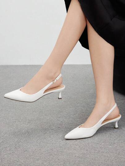 CUCCOO BIZCHIC White Fashion Pointed Toe Kitten Heel Slingback Pumps For Women, Commuting, Dating, Party, Wedding, Travel Spring Shoes Spring Break Easter