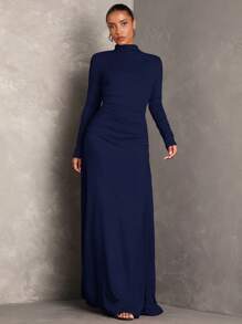 SHEIN BAE Váy xếp ly dài tay cổ đứng màu trơn cho nữ, Váy dự tiệc cưới mùa thu, Váy thanh lịch, Váy mùa đông cho nữ, Váy mùa thu cho nữ - Màu xanh hải quân - Xem 5