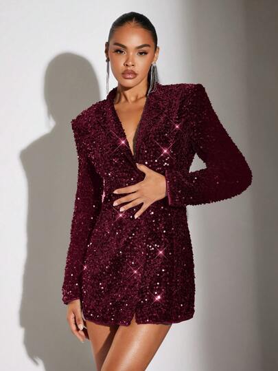 SHEIN BAE Women's Solid Color Lapel Sequin Embellished Long Sleeve Blazer, Elegant For Autumn