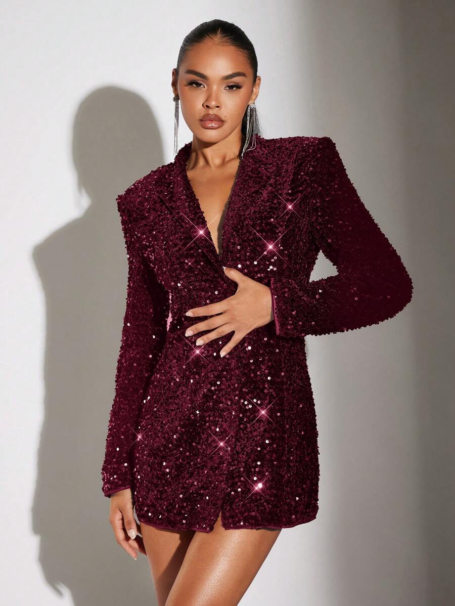 SHEIN BAE Women's Solid Color Lapel Sequin Embellished Long Sleeve Blazer, Elegant For Autumn