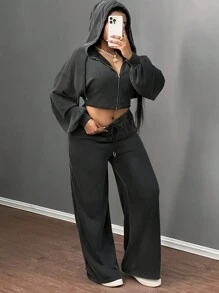 Slaydiva 2024 New Casual Streetwear Daily All-Match Comfortable Thermal Lined Hooded Loose Pullover Top And Pants 2 Pieces Set For Women