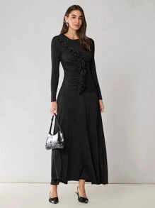 Enchnt Damen einfarbiges Kleid mit Rundhalsausschnitt, Langarm und Rüschensaum, elegant