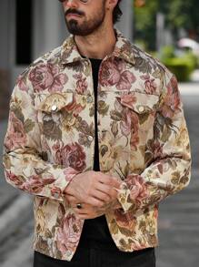 Manfinity LEGND 男士花卉提花长袖单排扣时尚夹克，秋季' - 彩色 - 查看 5