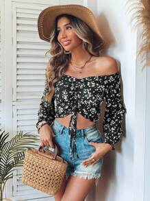 SHEIN VCAY Áo cánh hở vai buộc vạt phía trước in họa tiết hoa lãng mạn cho nữ, mùa thu/đông - Nhiều màu - Xem 4
