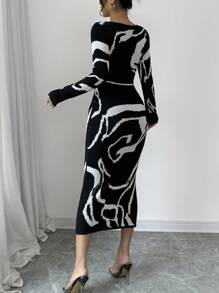 Elenzga Women Patchwork Fitted Waist Long Sleeve Elegant Knit Sweater Dress Fall Winter Cloth For Women