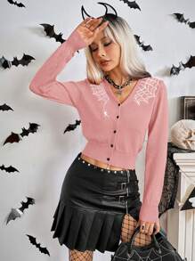 Chiquease Women Halloween Spider Web Pattern V-Neck Cardigan - Baby Pink - View 5