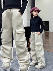 SHEIN Explorewe Tween Girl Pocket Pleated Casual Sweatpants, Autumn/Winter - Apricot - View 1