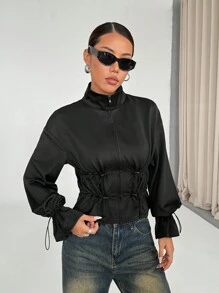 SHEIN Unity 1 Áo khoác nữ tay dài màu trơn có khóa kéo phía trước với thiết kế dây rút co giãn - màu đen - Xem 4