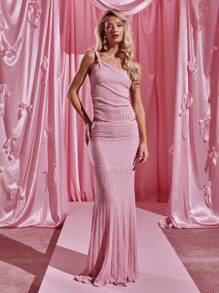 MUSERA Ruched Waist Knit Maxi Skirt Spring Summer Vacation Cute Pastel Evening Party Elegant Elegant - Pink - View 1