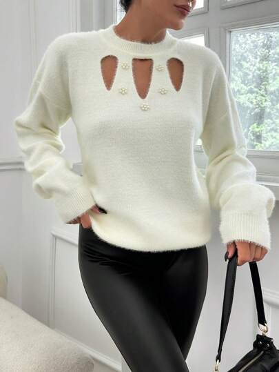 SHEIN Elegant Solid Color Beaded Hollow Knit Sweater, Autumn/Winter