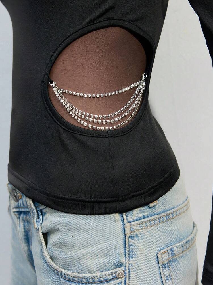 SHEIN Maija New Urban Chic Casual Party Women Top Black Color With Silver Chain Decor Waist Design, Autumn Season
