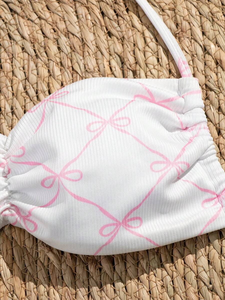 Printed Bowknot Spaghetti Strap Bikini Top And Side Tie Bikini Bottom