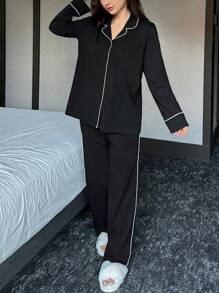 DAZY Women Simple Contrast Trim Design Notched Collar Long Sleeve Pajama Set With Pants - Black - View 7