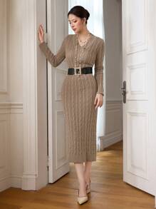Modelyn Vintage Chunky Knit V-Neck Sweater Dress, New Design, High Quality