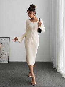 SHEIN Frenchy 女式优雅纯色扭纹后背镂空侧开衩修身毛衣连衣裙，秋季 - 杏色 - 查看 4