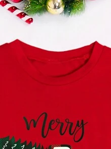 Roupas Combinadas de Família para o Natal Camiseta Gola Redonda Oversized Feminina, Confortável e Solta em Cor Vermelha na Moda, Estampa Temática Natalina com Papai Noel, Carro, Árvore de Natal, Feliz Natal, Conjunto Familiar Quente para Roupas de Ano Novo, Camisetas Gráficas Femininas - Vermelho - Visão 5