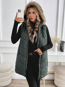 SHEIN Clasi Slant Pockets Sleeveless Argyle Quilted Vest Coat Hooded Warm For Autumn And Winter,Winter Clothes For Women,Winter Women Coat, Hooded