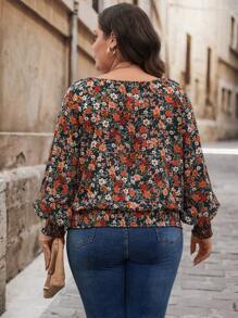 SHEIN LUNE 大码女式花卉印花泡泡袖褶皱下摆衬衫，充满度假气息，春秋季大码秋装