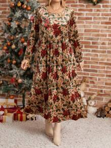 SHEIN LUNE Đầm Maxi Cổ Tròn In Hoa Cỡ Lớn Cho Nữ, Thanh Lịch Cho Mùa Thu, Trang Phục Giáng Sinh Cho Nữ - Nhiều màu - Xem 1