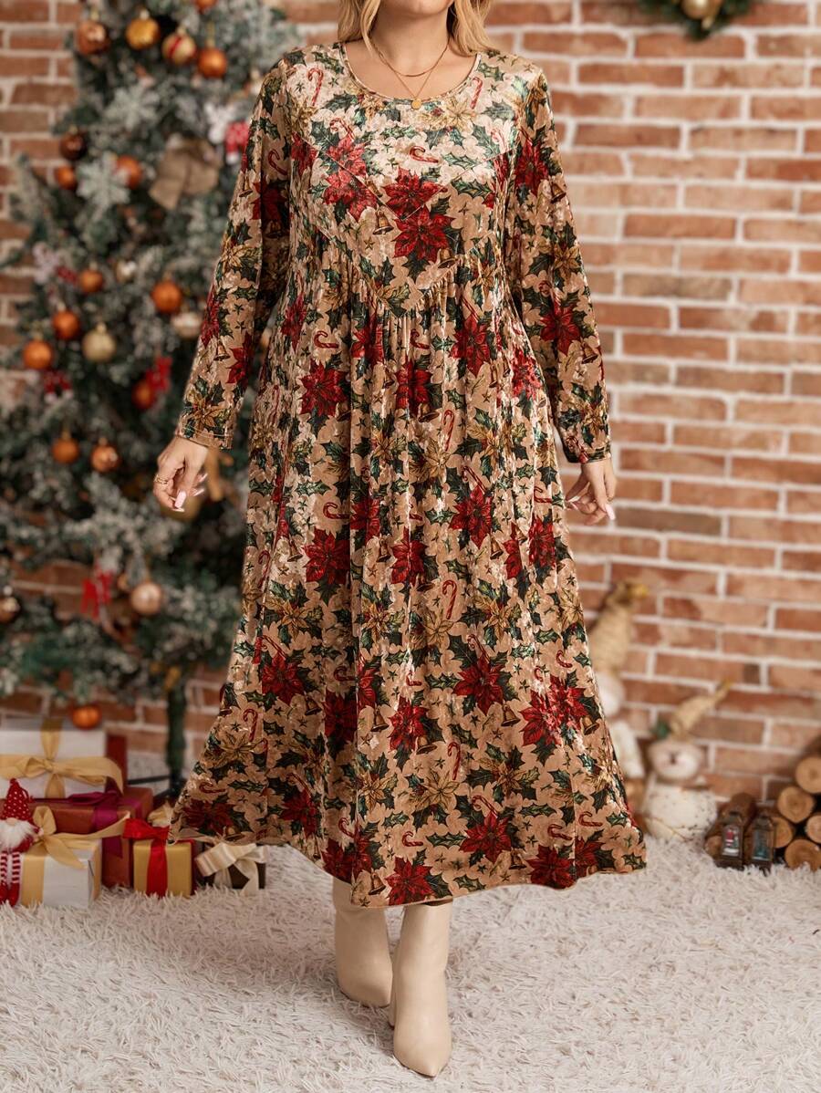 SHEIN LUNE Đầm Maxi Cổ Tròn In Hoa Cỡ Lớn Cho Nữ, Thanh Lịch Cho Mùa Thu, Trang Phục Giáng Sinh Cho Nữ - Nhiều màu - Xem 1