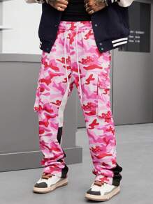 Manfinity EMRG Pantalón de chándal de pierna recta holgada con cintura con cordón y bolsillo plegable con estampado de camuflaje, estilo de moda urbana para hombres