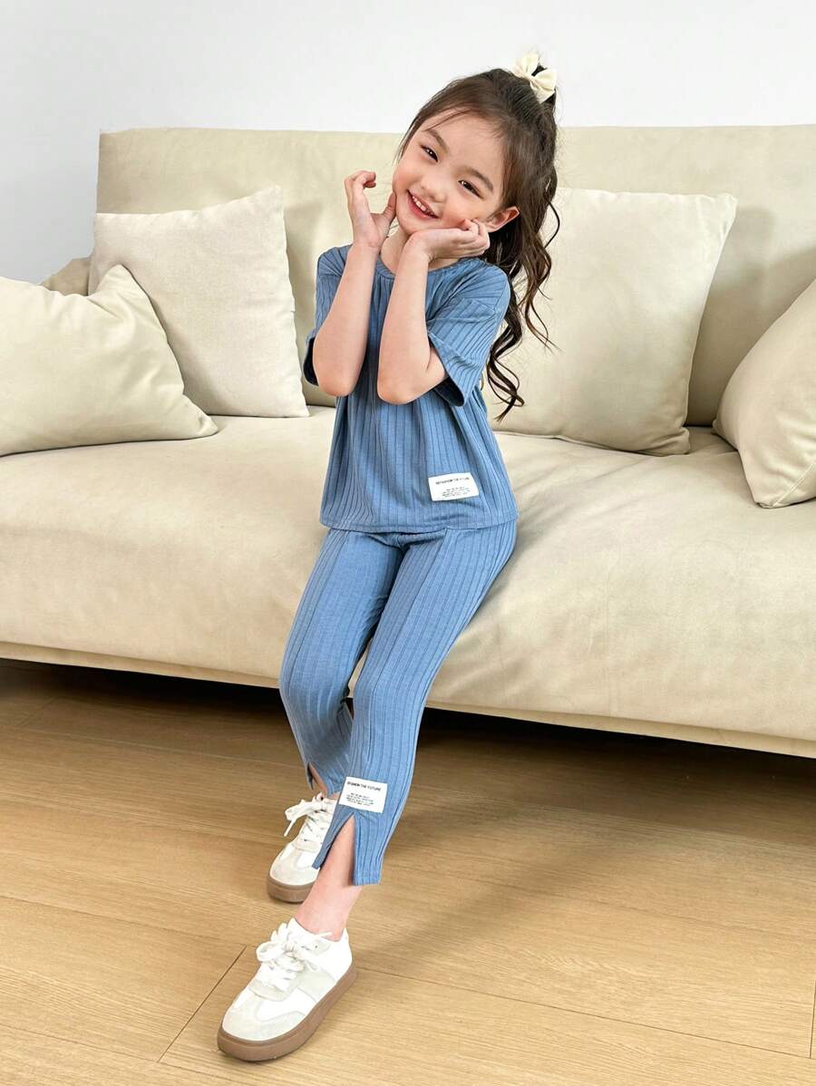 SHEIN Little Byeori Young Girl Letter Patched Drop Shoulder Tee & Sweatpants - Blue - View 1