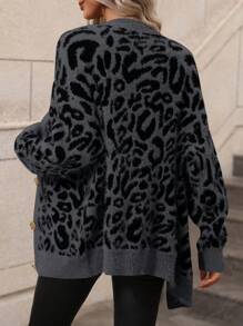 EMERY ROSE Women Casual Everyday Leopard Print Front Button Loose Cardigan, Autumn/Winter,Long Sleeve Tops Fall Cloth For Women - Grey - View 2