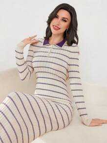 Modelyn Women Front Button Long Sleeve Striped Minimalist Knit Sweater Dress, Casual Everyday Wear Fall Cloth For Women - Apricot - View 7