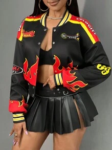 Slaydiva 秋冬新款休闲街头棒球服短款宽松机车火焰印花女士外套 - 黑色 - 查看 4