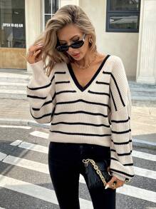 Serisse 系带后落肩背带毛衣女士休闲条纹结后落肩长袖毛衣秋季毛衣保暖衣服冬季毛衣女士毛衣，长袖上衣 - 彩色 - 查看 6