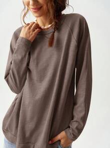 Bohemela Solid Color Knit Round Neck Raglan Sleeve Long Loose Casual T-Shirt For Women, Suitable For Holiday