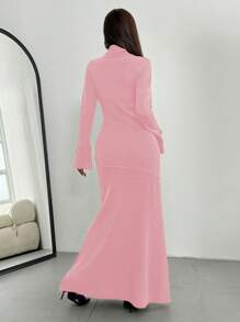 SHEIN Unity High Neck Form-Fitting Semi-Sheer 3D Floral Long Knitted Sweater Dress For Women Fall Cloth For Women - Pink - View 2